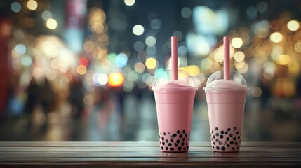 Bubble tea cups with tapioca pearls on a softly blurred urban cafÃ© window backdrop under perfect lighting