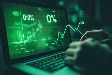 Laptop displaying green financial charts with 0% and rising graph. Hands on keyboard