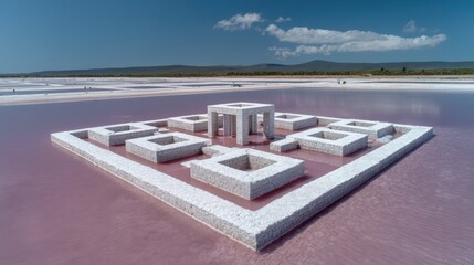Fototapeta premium Bubblegum pink salt pond with geometric evaporative pools under sun