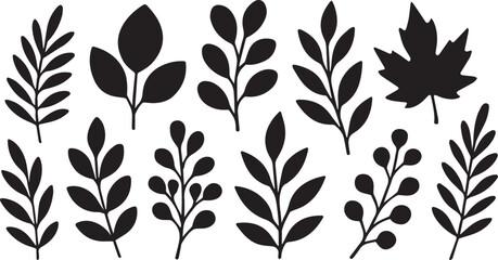 Silhouette Collection of Assorted Leaf Shapes in Black Vector