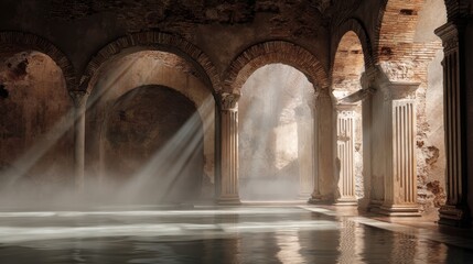 Ancient Roman bath ruins filled with steaming water on a softly blurred archaeological site background under warm directional light