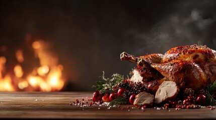 A beautifully presented roasted turkey on a rustic wooden table, adorned with seasonal decorations, evoking warmth and the spirit of festive gatherings and joyful celebrations.