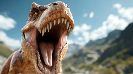 A stunning close-up of a roaring Tyrannosaurus rex, showcasing its fierce expression, detailed textures, and the majesty of prehistoric life in a natural setting.