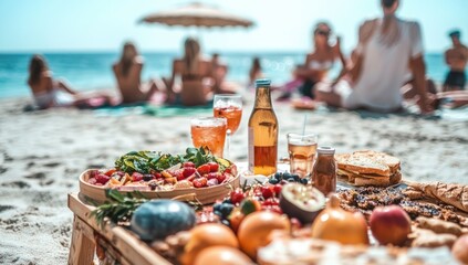 Beach picnic with diverse group