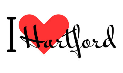 I love Hartford, city of United States. Hand drawn letters with red heart. Vector illustration lettering, modern design