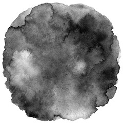 An artistic black watercolor circle with a subtle paper texture, showcasing varying shades of gray and black with organic edges, perfect as an abstract element or background in minimalist designs.