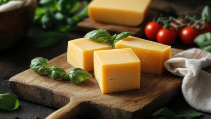 Cubes of pale yellow cheese on a wooden board, with fresh basil leaves and cherry tomatoes