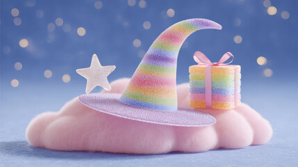 Wizard hat and gift box on pink clouds