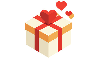 A stylized isometric gift box with a red ribbon and a heart on top with smaller hearts floating around it isolated on white background
