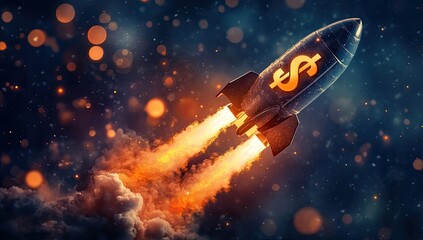 Rocket ship with dollar sign, soaring through fiery smoke into night sky