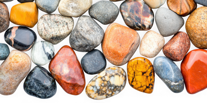 A close up view of a collection of colorful and smooth river stones together on transparent background