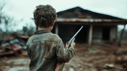 A young boy stands with a shotgun outside a dilapidated cabin, presenting a haunting image of childhood in a desolate setting filled with the remnants of an unknown story.