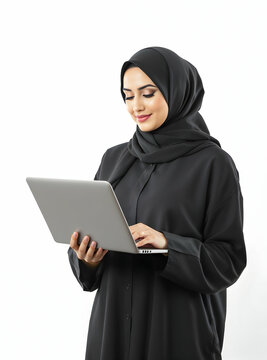 Smiling Woman in Black Abaya Using Laptop