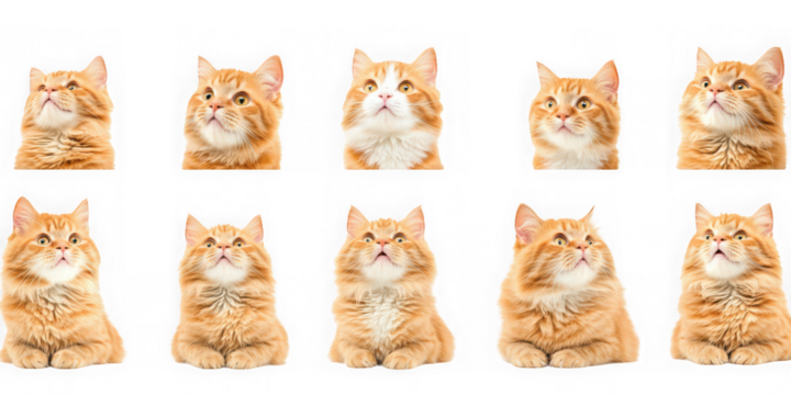 Ten orange cats looking upwards arranged in two rows  transparent background