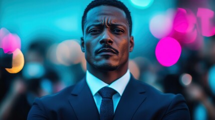 A handsome man dressed sharply in a suit stands confidently, capturing the essence of determination and strength against a background of vibrant city lights.