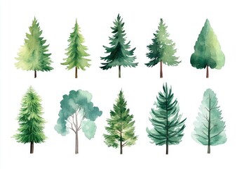 Watercolor pine and tree illustrations