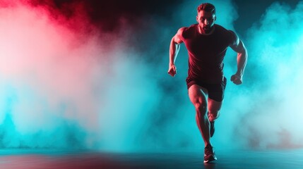 A muscular man sprints forward, illuminated by vibrant neon red and blue lights, creating a dramatic and energetic atmosphere that embodies movement and strength.
