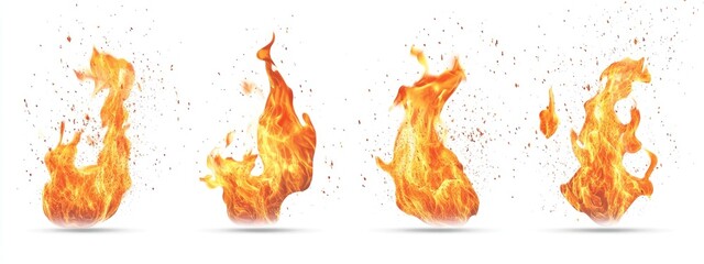 Four fiery flames against a white background