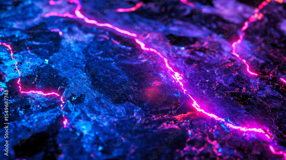 Poster bright electric patterns emerge on a dark surface creating a vivid and dynamic visual effect