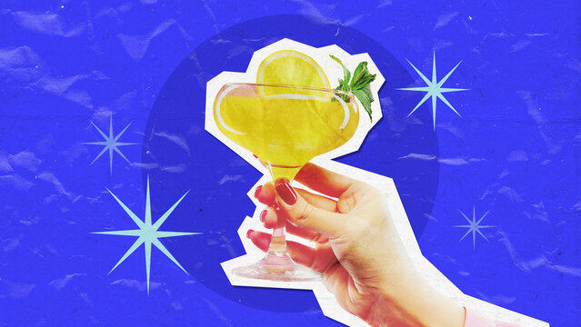 Hand with cocktail on bold blue background with decorative stars. Creative collage design for beverage, nightlife and party. Fun, pop-style promo media. Youth culture and trendy social media content