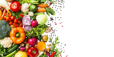 Assortment of fresh vegetables and herbs arranged on transparent background