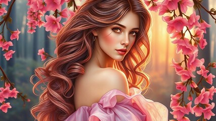 Elegantes Frauenporträt bei Sonnenuntergang, umgeben von rosa Blüten und weichem Licht – stilvoll, feminin und poetisch.