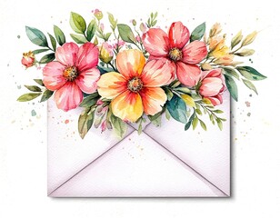 envelope and flowers. vintage romantic letter, invitation. watercolor illustration on white background. element, sticker.