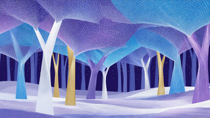 The trees in the blue and purple forest are of different shapes