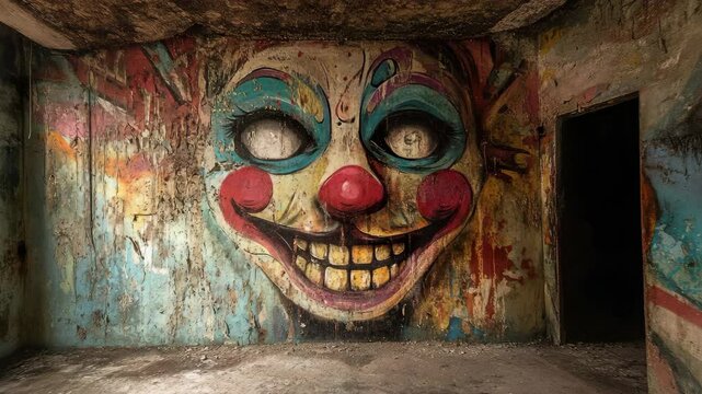 A clown painted on the side of a building