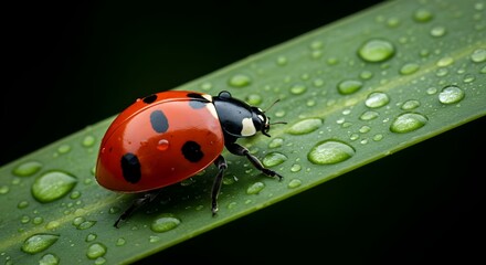 Fototapeta premium Ladybug, Ladybird, Coccinellidae, Ladybug on Dew-Covered Leaf
