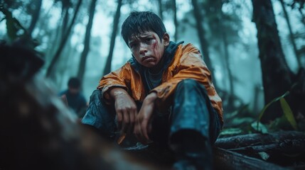 A young boy wearing a rain jacket sits alone in a misty forest, his face smeared with dirt and bruises, reflecting vulnerability and resilience in challenging conditions.