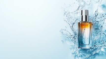 A stunning luxury perfume bottle gracefully splashed with water, capturing elegance and refinement, ideal for emphasizing beauty and indulgence in the fragrance industry.