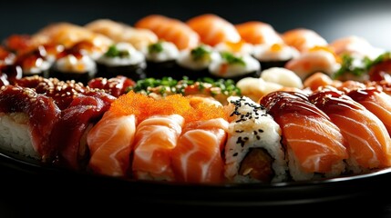 This vibrant sushi platter showcases an assortment of beautifully crafted sushi rolls, nigiri, and garnishes, celebrating the art of Japanese cuisine and culinary creativity.