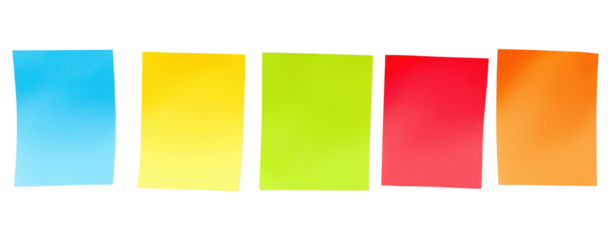 Five vibrant rectangular sticky notes image set isolated transparent. Bright memos adhesive. Paper stationery cut outs photo png collection. Empty reminders cutouts elements objects