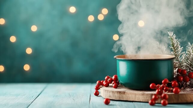 A delightful steaming pot of beverage surrounded by festive decorations, creating a warm and inviting atmosphere filled with comfort and holiday spirit during winter.