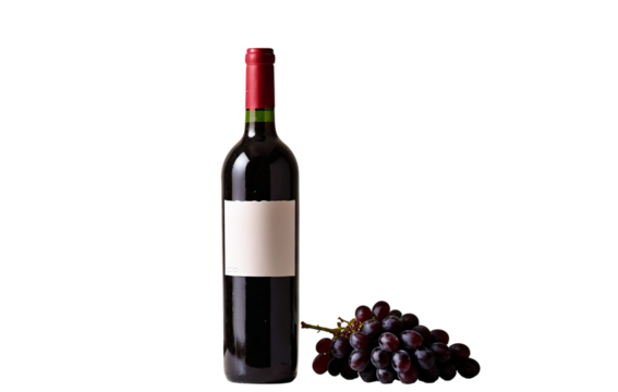 Red Wine Bottle and Glass with Fresh Grapes – Transparent Background