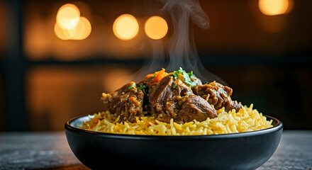 Warm Steaming Lamb Curry Served on Yellow Rice in a Dark Bowl