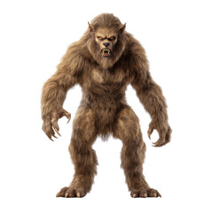 Fototapeta premium Ferocious hairy creature standing menacingly against a white background, showcasing powerful muscles and vivid textures Transparent background or PNG