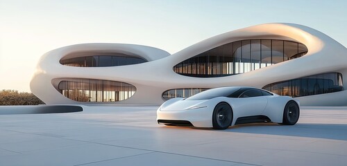 Futuristic white car in front of a modern, flowing, white mansion