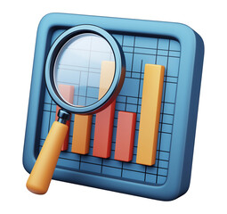 Chart analysis with magnifying glass on bar graph transparent image. Dashboard loupe. Performance metrics isolated cutout 3d render. Digital research cut out clipart design element png
