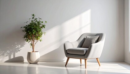 A curved minimalist chair in muted grey rests against a blank wall, casting gentle shadows on a seamless surface