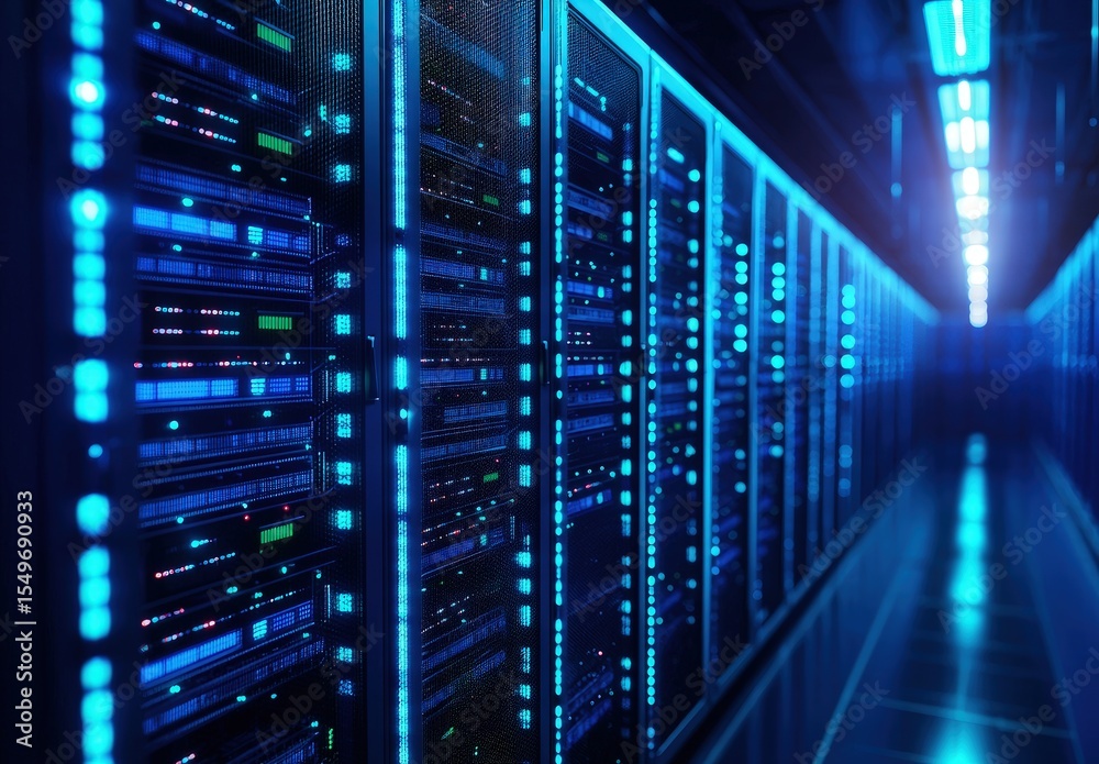 Poster futuristic row of glowing blue data servers in a high-tech data center environment, ideal for cybers