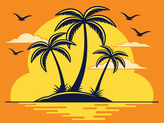 Obraz premium Tropical island sunset with palm trees and birds flying in the sky.