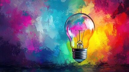 A colorful, abstract painting with a light bulb as the focal point, set against a vibrant, multicolored background.
