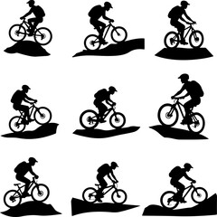Obraz premium Mountain Bikers Riding Silhouettes Set vector bundle