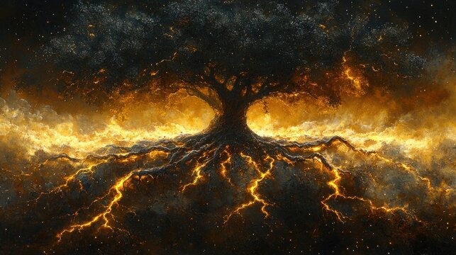 A magnificent, fiery world-tree with glowing roots.