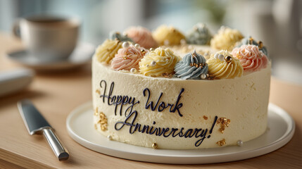 Happy Work Anniversary Cake with Smooth White Icing and Pastel Swirls on Wooden Table, Office Celebration with Coffee and Knife
