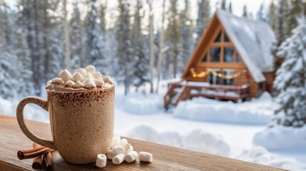 Cozy mug of hot chocolate with marshmallows and cinnamon sticks on a softly blurred winter cabin background holiday vibes