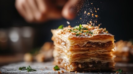 A close-up shot of a delectable baklava dessert layered with nuts and spices, showcasing its flaky texture and sweetness, capturing the essence of traditional culinary mastery.