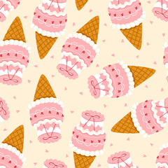 Cute vector seamless pattern with pastel pink bento cake ice cream cones decorated with tiny hearts, bows, and candle. Hand-drawn crayon style. Perfect for Valentines Day, birthday decor, packaging